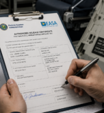 Aviation technician signing FAA airworthiness release document with aircraft interior components and engineering drawings in background
