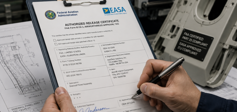 Aviation technician signing FAA airworthiness release document with aircraft interior components and engineering drawings in background