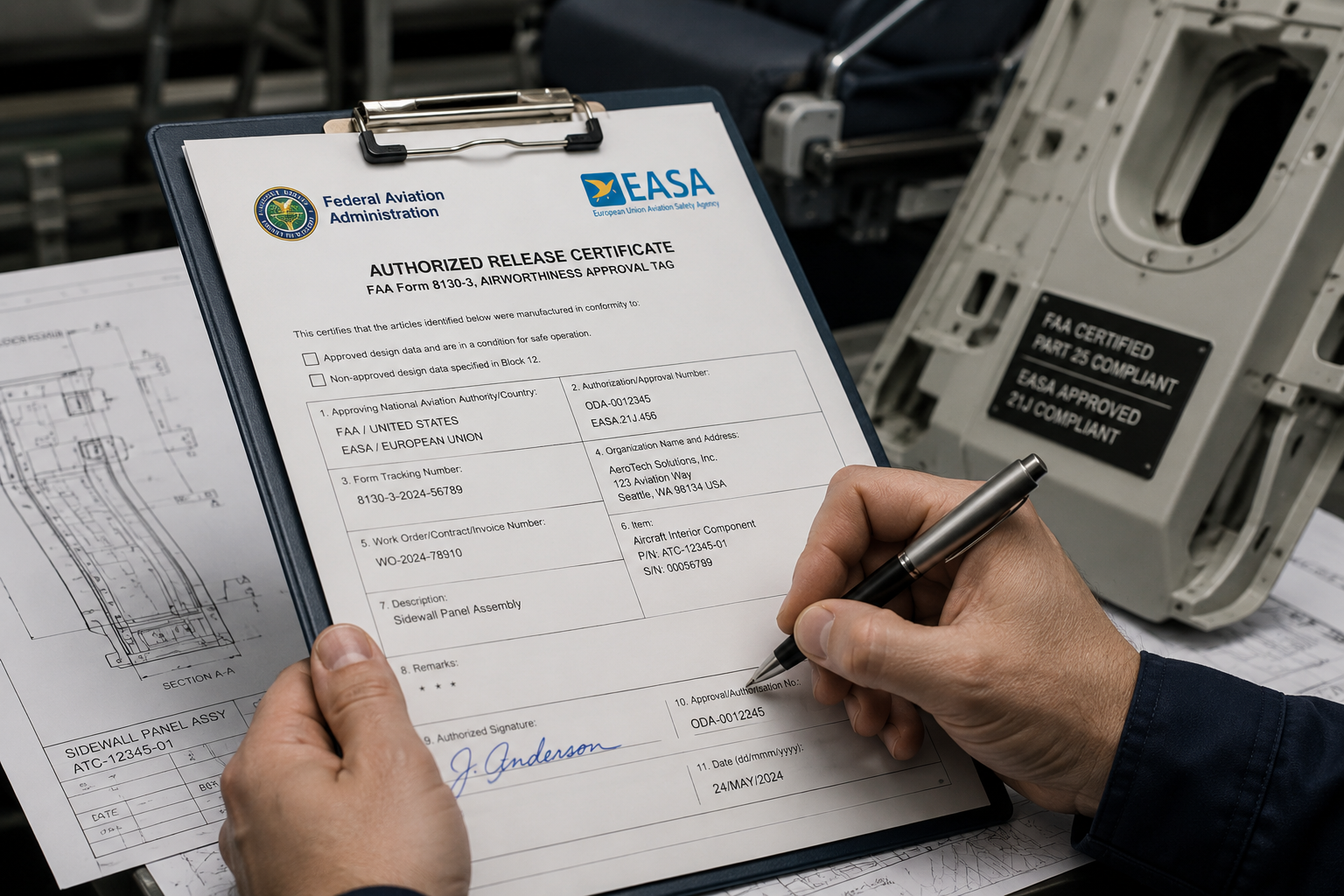 Aviation technician signing FAA airworthiness release document with aircraft interior components and engineering drawings in background