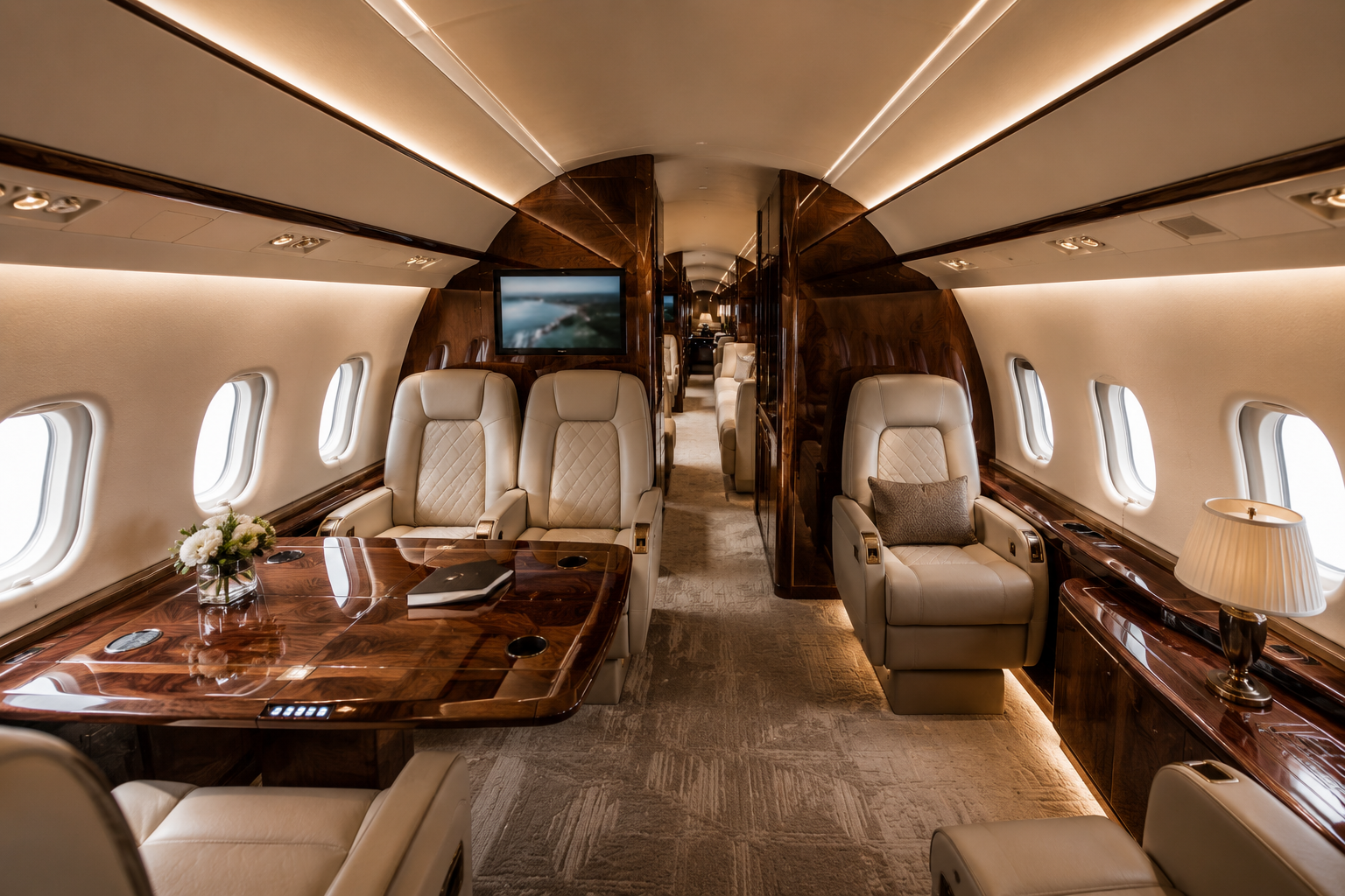 Custom luxury private jet cabin with cream leather seats, wood veneer panels and ambient lighting after VIP interior refurbishment