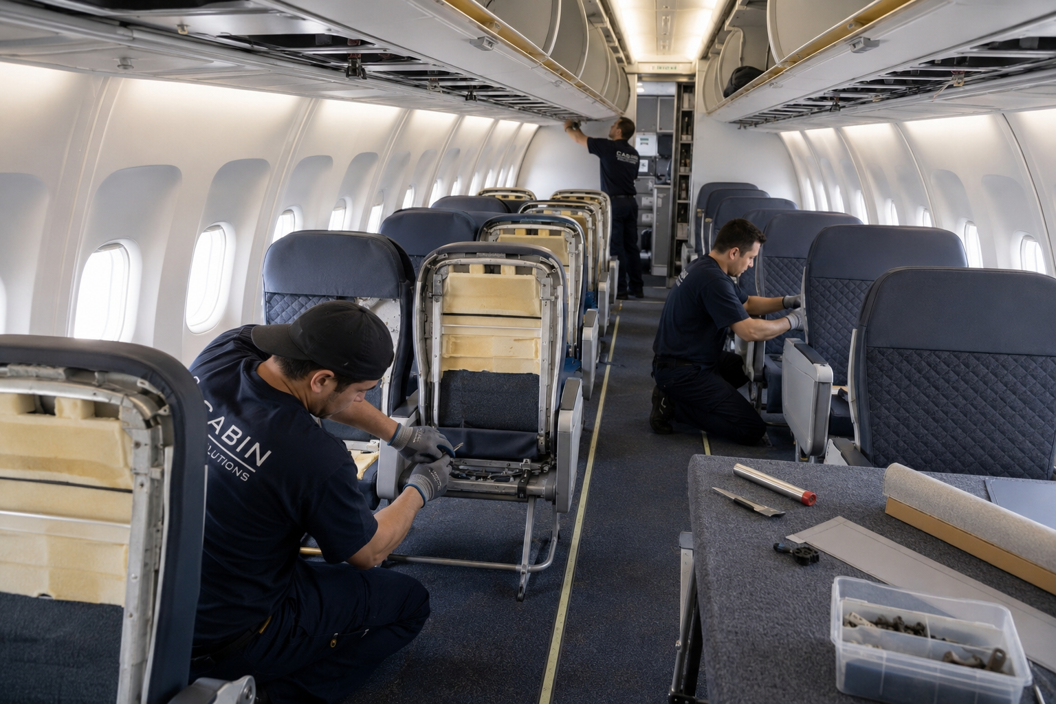 Aviation technicians refurbishing commercial aircraft cabin seats and sidewall panels inside a certified repair station